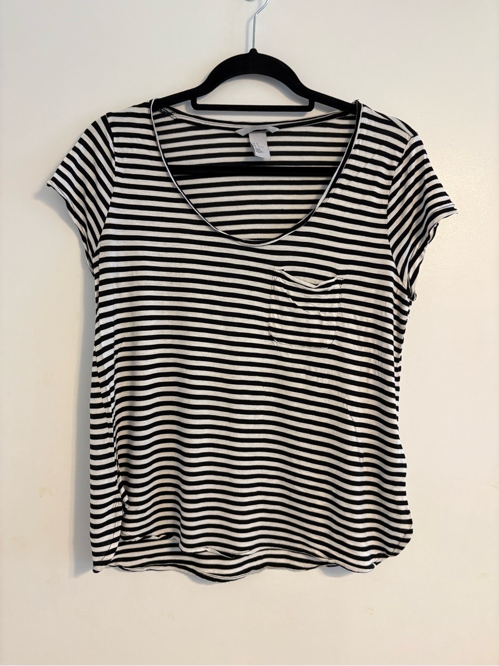 H&M Black & White Striped Scoop Neck Pocket Tee